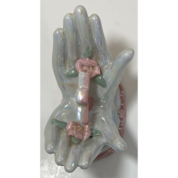 Pearl & Pink Ceramic Hands Holding Cross and Roses Flowers Christian Religious - Picture 5 of 6